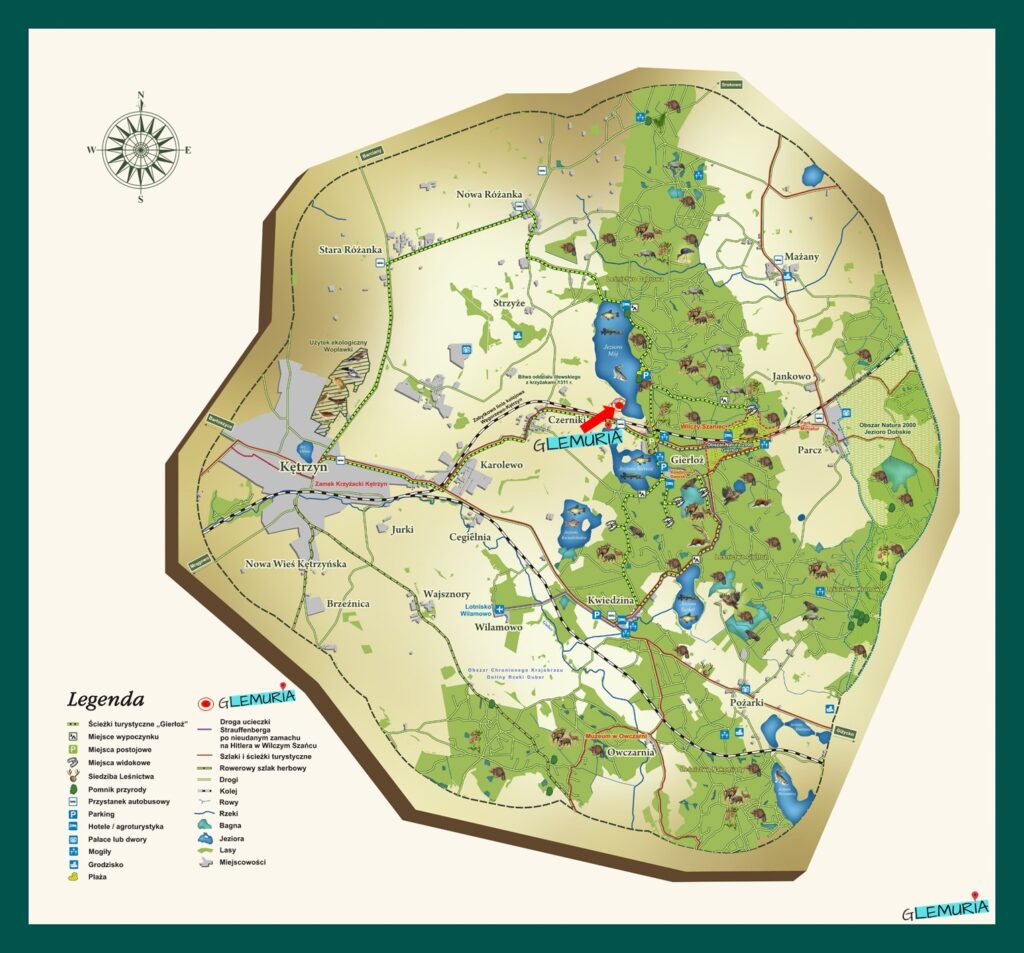Mapa leśnych ścieżek i szlaków rowerowych wokół Glemurii w Czernikach: Kętrzyn, jezioro Mój, Wilczy Szaniec w Gierłoży, Parcz, Kwiedzina
